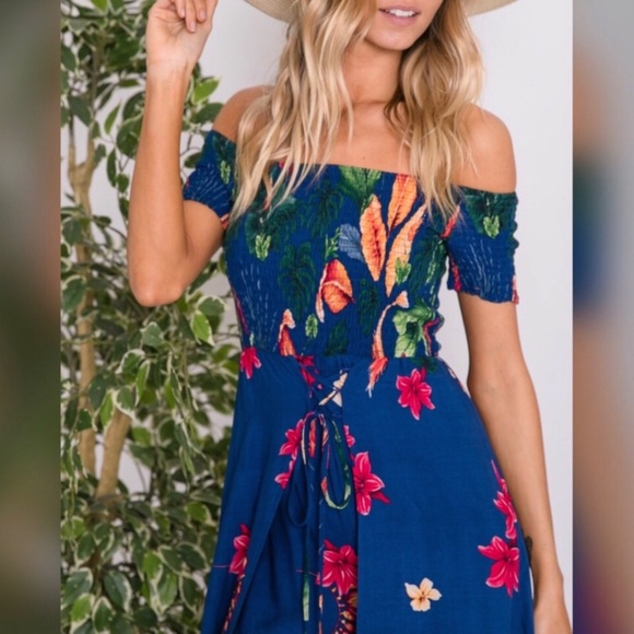 <LAST>Bold Blue Tropical Print Maxi Romper Dress - Picture 4 of 5